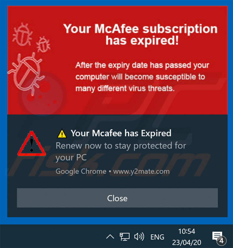 Votre abonnement McAfee a expiré. Notification de navigateur de promotion d'arnaques envoyée par y2mate.com