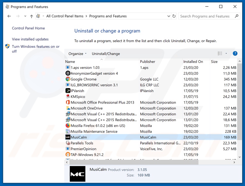 MusiCalm adware uninstall via Control Panel