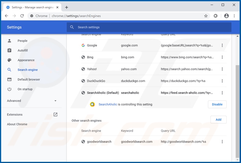 Removing search-aholic.com from Google Chrome default search engine