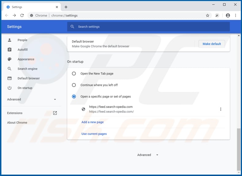 Removing feed.search-opedia.com from Google Chrome homepage