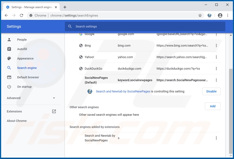 Removing search.socialnewpagessearch.com from Google Chrome default search engine