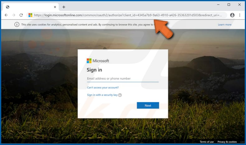 Page de connexion Microsoft utilisée pour autoriser l'application malveillante à accéder aux données