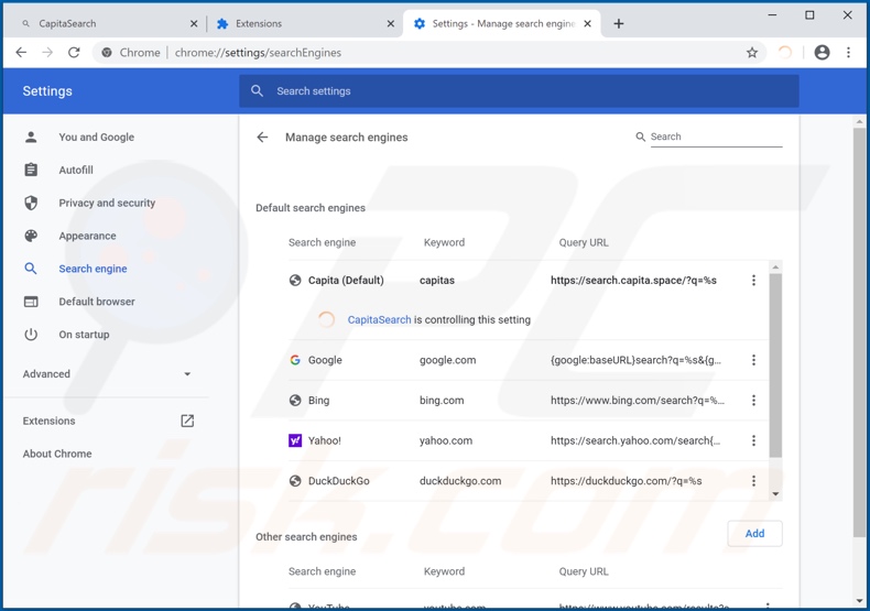 Removing search.capita.space from Google Chrome default search engine