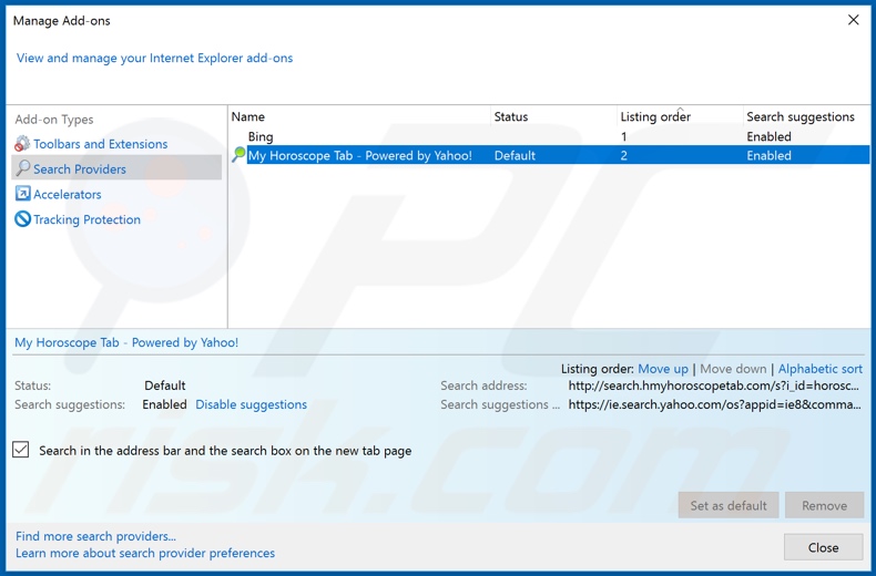 Suppression de hmyhoroscopetab.com du moteur de recherche par défaut d'Internet Explorer