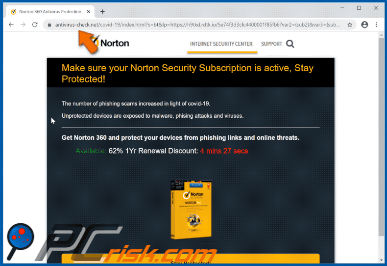 Le site Web antivirus-check.net proposant l'arnaque contextuelle de l'abonnement Norton a expiré aujourd'hui