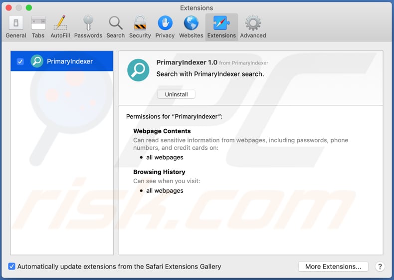 primaryindexer adware safari extension