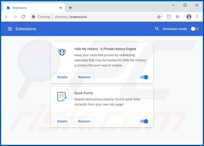 Suppression des extensions Google Chrome liées à hquick-forms.com