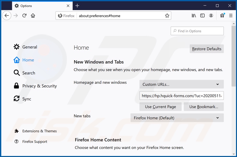 Suppression de hquick-forms.com de la page d'accueil de Mozilla Firefox
