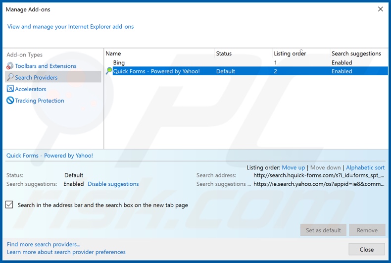 Suppression de hquick-forms.com du moteur de recherche par défaut d'Internet Explorer