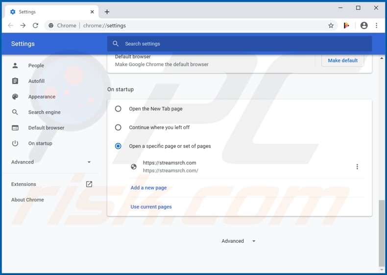 Removing streamsrch.com from Google Chrome homepage
