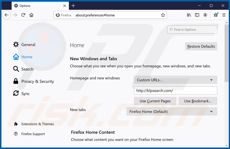 Removing blpsearch.com from Mozilla Firefox homepage