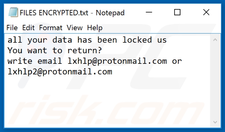 Lxhlp ransomware text file (FILES ENCRYPTED.txt)