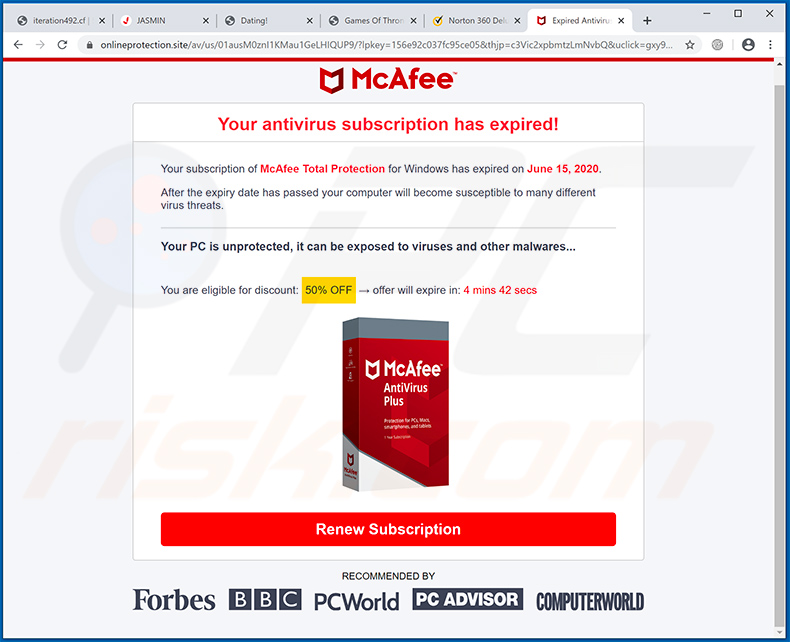 Arnaque pop-up de votre abonnement McAfee a expiré affichée par onlineprotection.site