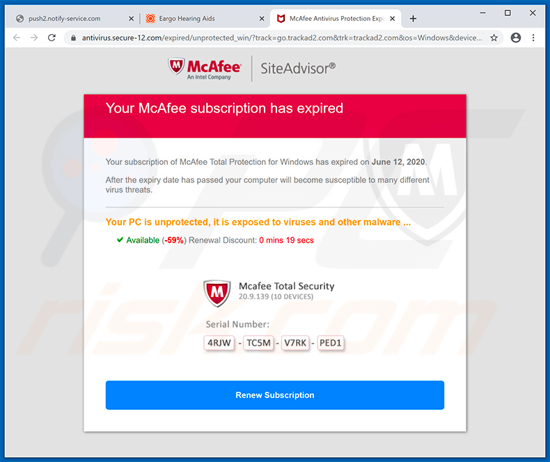 Arnaque pop-up de votre abonnement McAfee a expiré (2020-06-16)