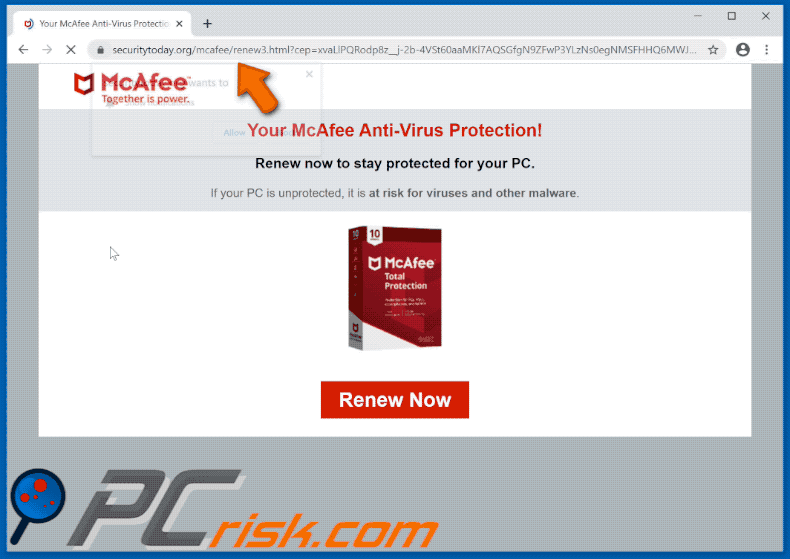 Arnaque McAfee affichée par le site Web securitytoday.org
