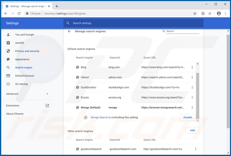 Removing browser.mongosearch.net from Google Chrome default search engine