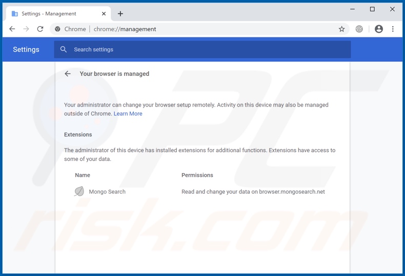 Mongo Search browser hijacker managing the Chrome browser