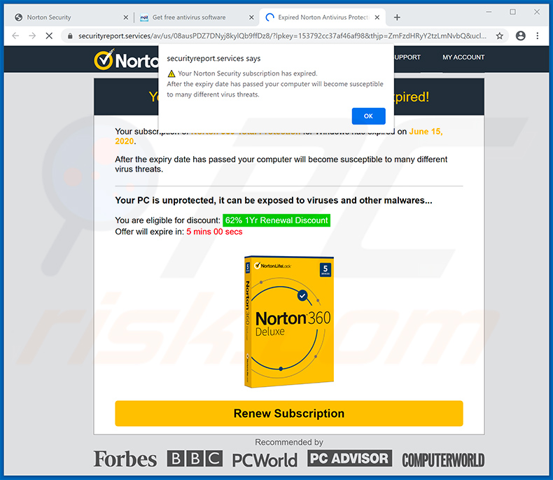 L'arnaque contextuelle de l'abonnement Norton a expiré aujourd'hui affichée par securityreport.services