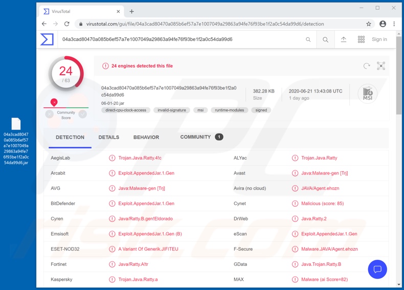 Détections de Ratty RAT sur VirusTotal