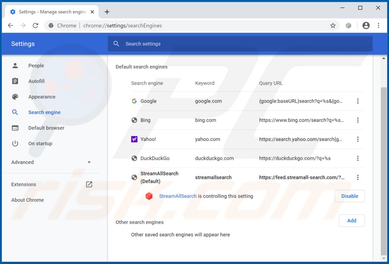 Removing streamall-search.com from Google Chrome default search engine