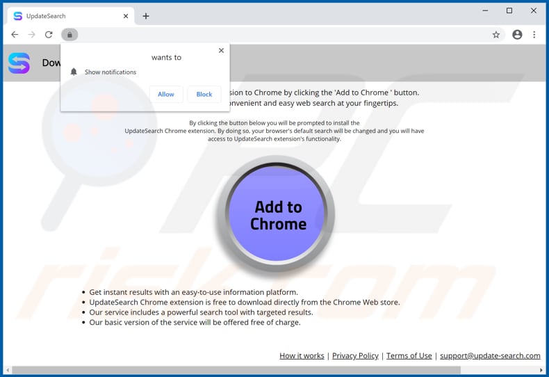 Website used to promote UpdateSearch browser hijacker