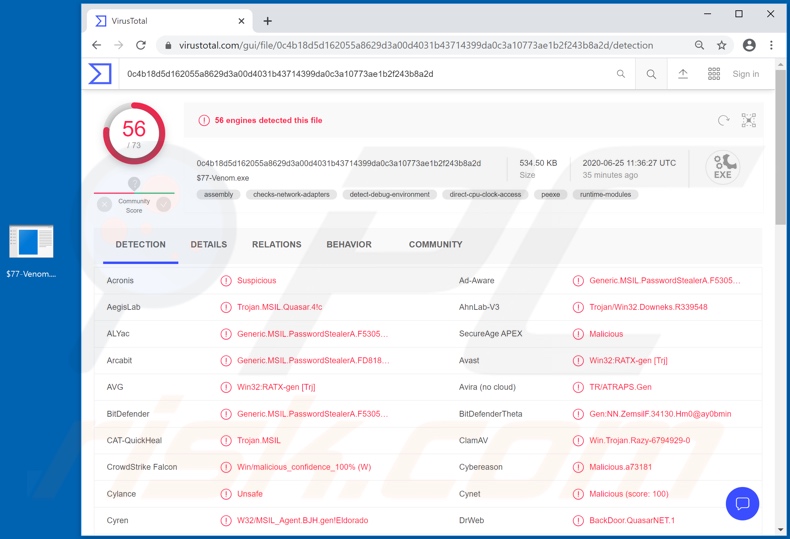 Détections de malwares VenomRAT sur VirusTotal