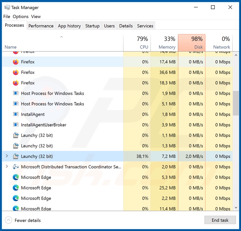 WastedLocker ransomware process on task manager (Launchy)