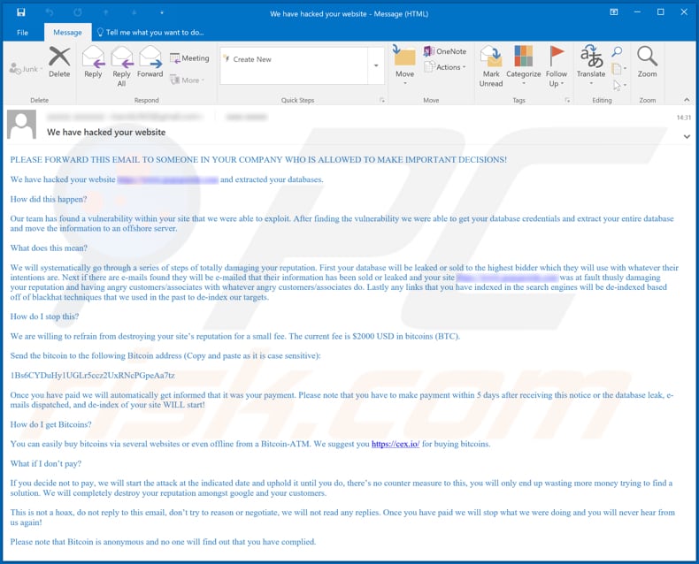 nous avons piraté votre site Web escroquerie par e-mail une autre variante