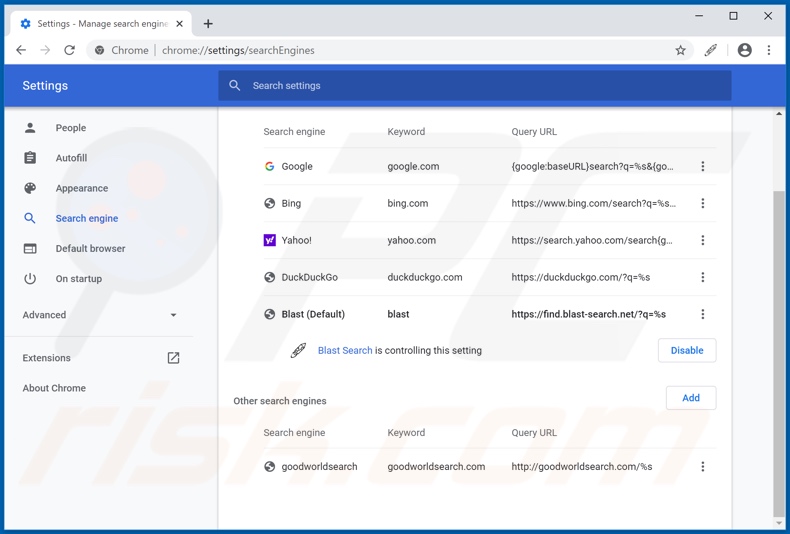 Removing blast-search.net from Google Chrome default search engine