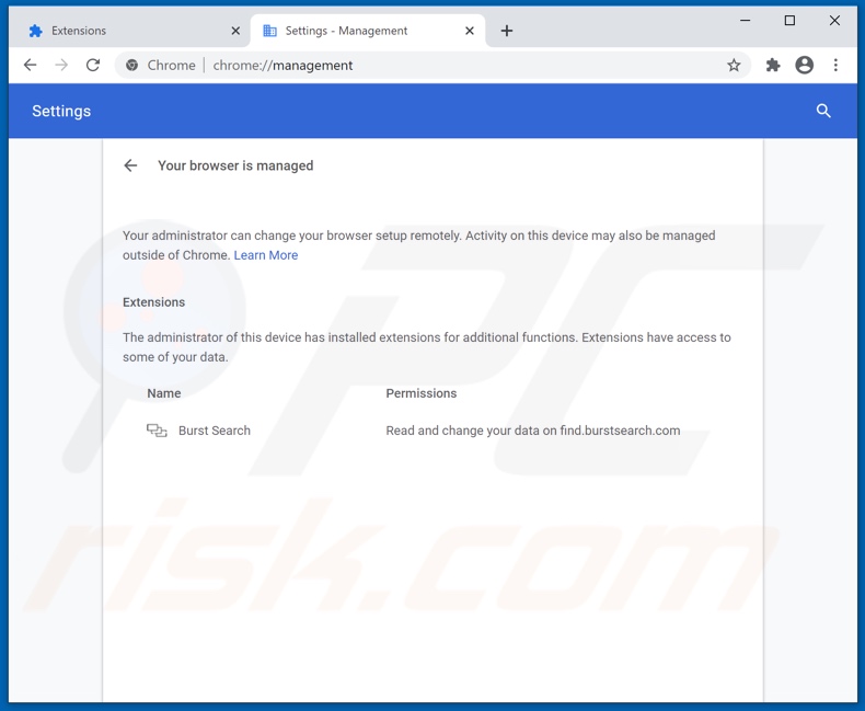 Burst Search browser hijacker managing Chrome