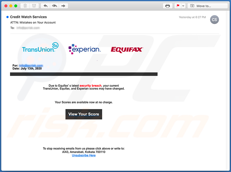 Courriel de spam sur le thème d'Equifax utilisé pour promouvoir un site Web de phishing
