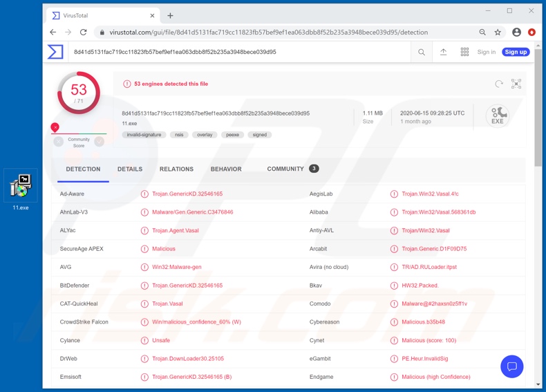 Détections de logiciels malveillants DarkCrystal sur VirusTotal