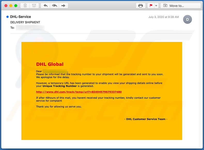 E-mail de phishing sur le thème de DHL (2020-07-13)