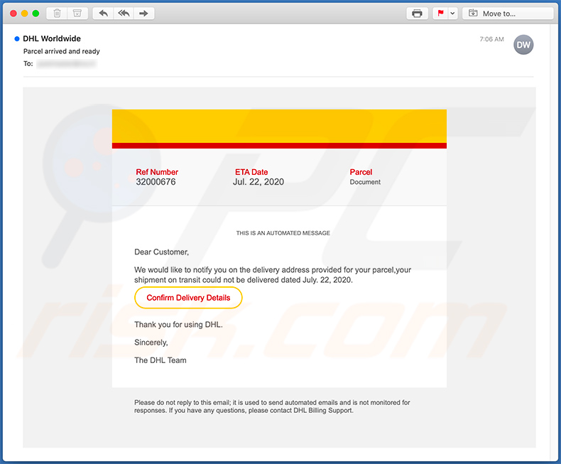 Spam sur le thème de DHL faisant la promotion d'un site de phishing (2020-07-24)