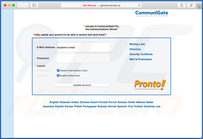 Site Web de phishing General.farhat.ca promu par courrier indésirable 