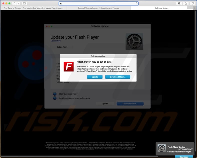 Example of a scam website promoting fake Flash Player installer