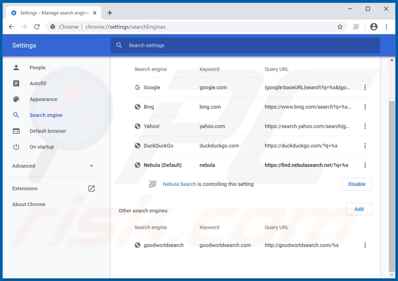 Suppression de nebulasearch.net du moteur de recherche par défaut de Google Chrome