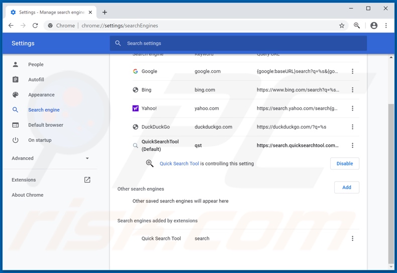 Suppression de quicksearchtool.com du moteur de recherche par défaut de Google Chrome