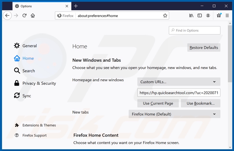 Suppression de quicksearchtool.com de la page d'accueil de Mozilla Firefox
