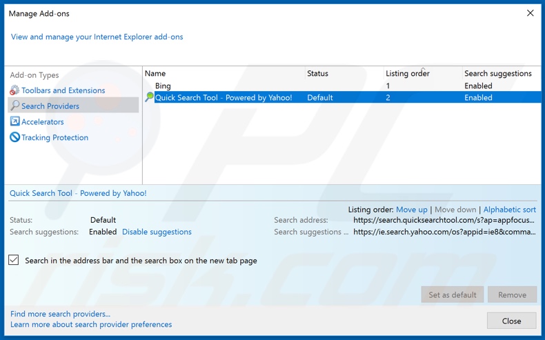 Suppression de quicksearchtool.com du moteur de recherche par défaut d'Internet Explorer