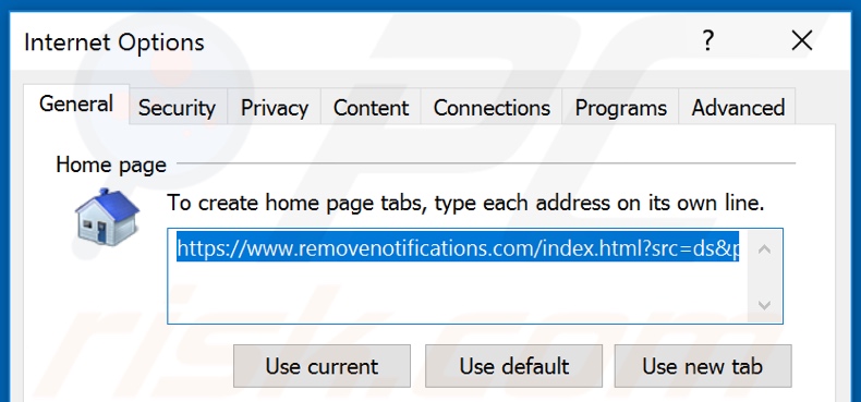 Removing removenotifications.com from Internet Explorer homepage