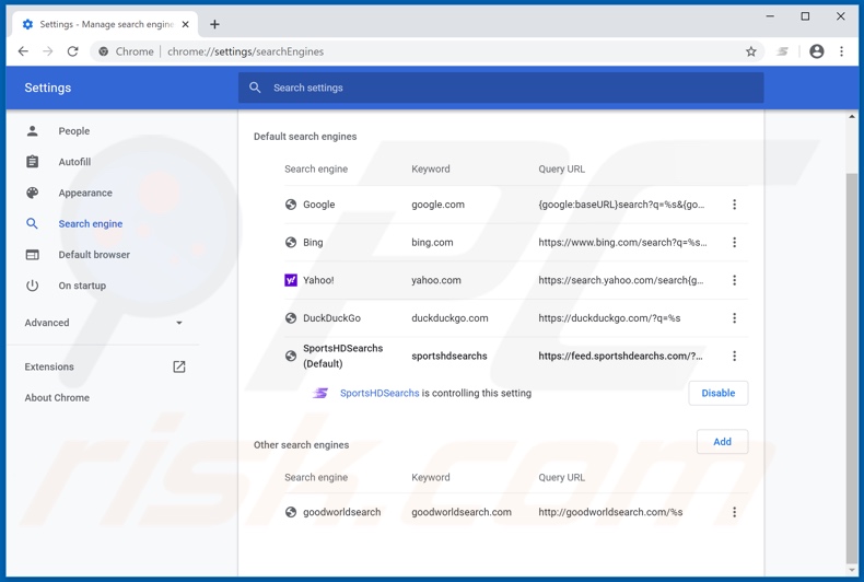 Removing sportshdearchs.com from Google Chrome default search engine