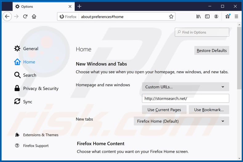 Suppression de stormsearch.net de la page d'accueil de Mozilla Firefox