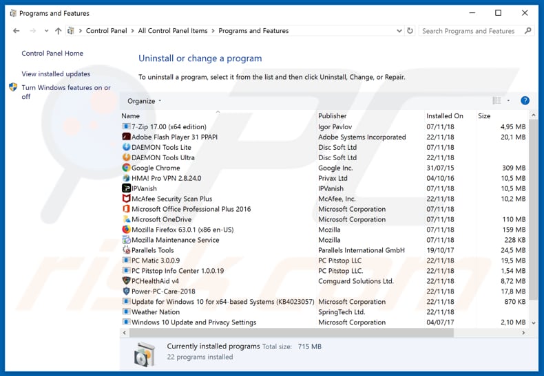Désinstallation du pirate de navigateur stormsearch.net via le panneau de configuration