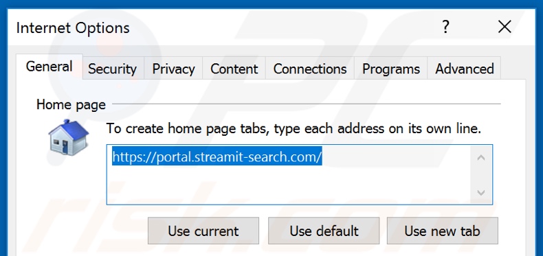 Removing streamit-search.com from Internet Explorer homepage