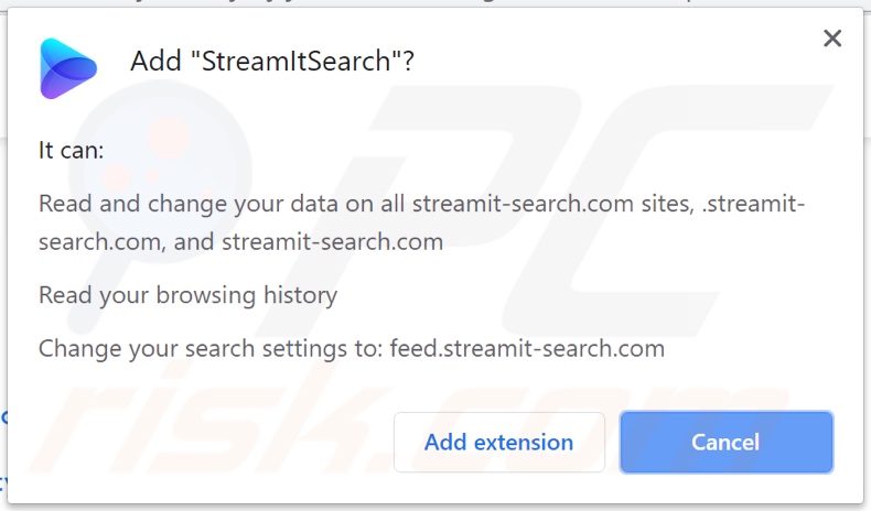 StreamItSearch browser hijacker asking for permissions