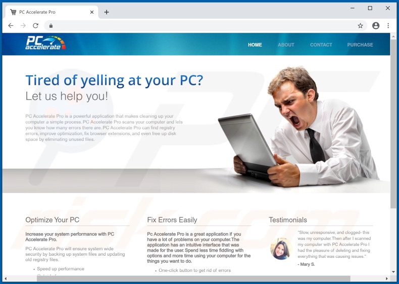 Site Web utilisé pour promouvoir PC Accelerate PUA