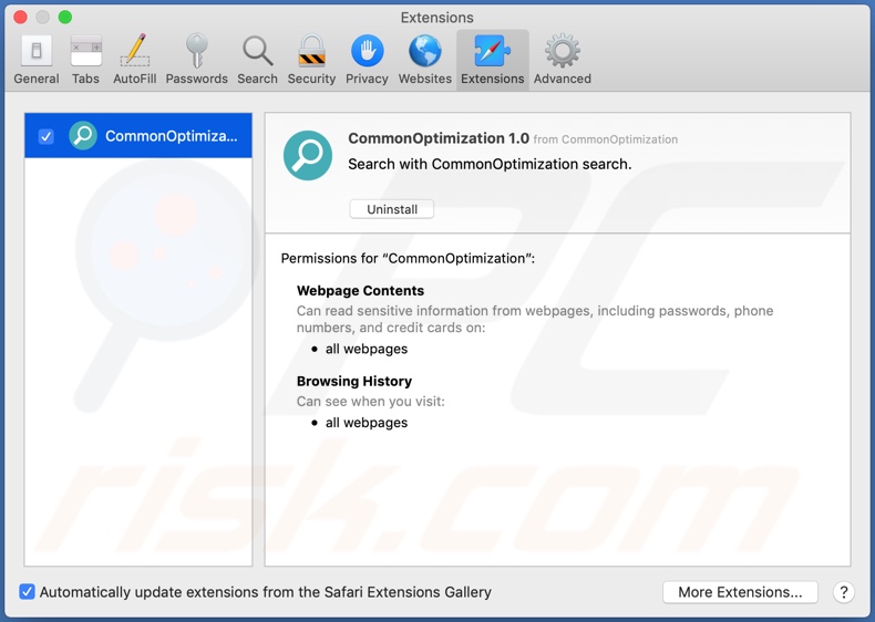 CommonOptimization adware installed onto Safari
