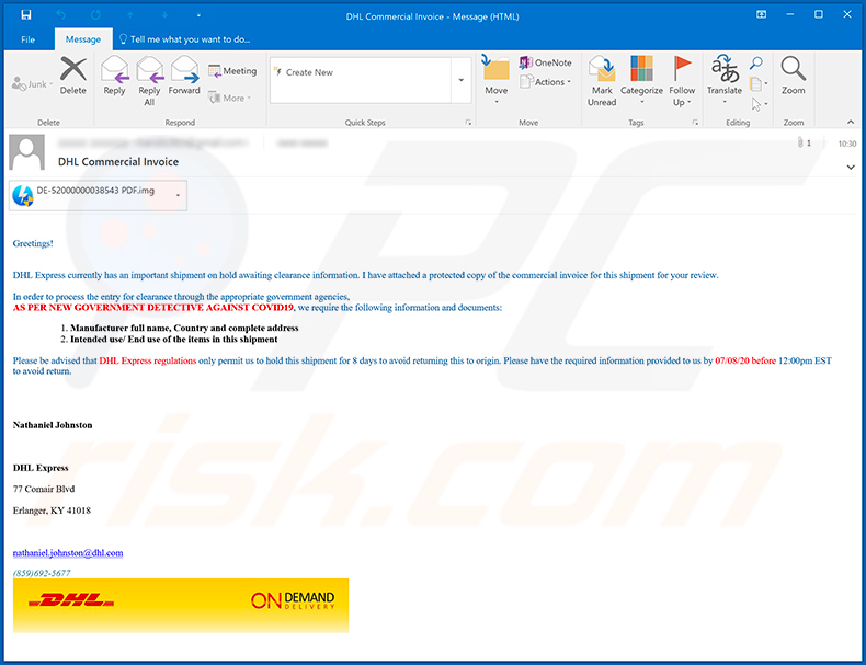E-mail de spam sur le thème de DHL Express utilisé pour diffuser AgentTesla