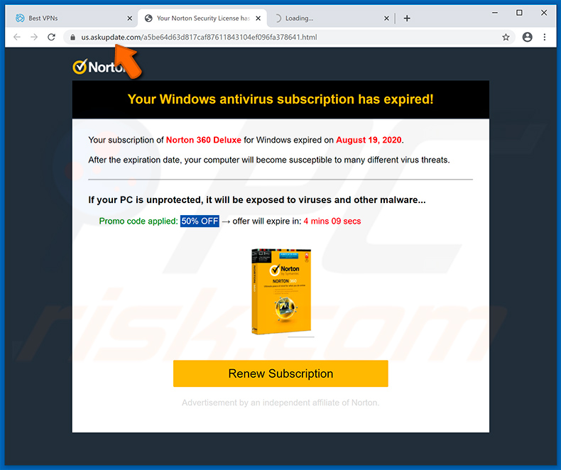 Arnaque pop-up affichée par le site Web us.askupdate.com de l'abonnement Norton a expiré aujourd'hui
